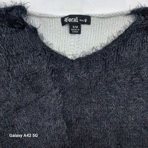 Vocal USA Womens Fuzzy Knit Sweater V-Neck Sparkle Silver Gray Black S/M‎